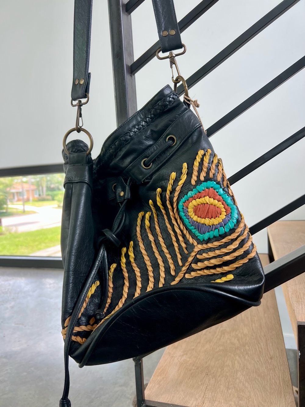 Black Women's Shoulder Bag with Colorful Embroidered Feather Accent